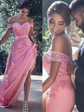 Sheath/Column Off-the-Shoulder Sleeveless Silk Like Satin Prom Dresses