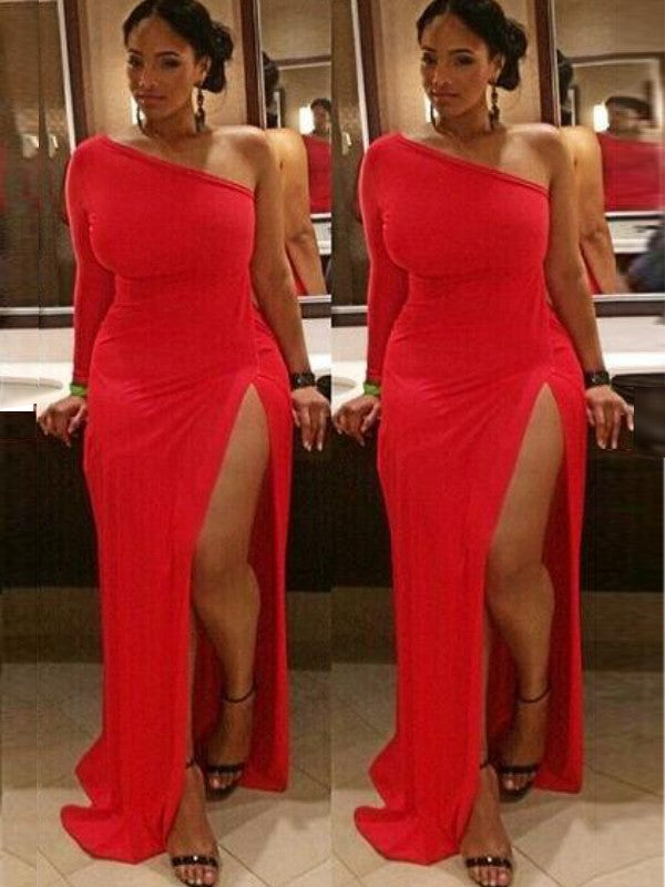 Sheath/Column One-Shoulder Long Sleeves Ruched Spandex Plus Size Prom Dresses