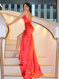 Sheath/Column Silk like Satin Spaghetti Straps Ruched Sleeveless Prom Dresses