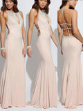 Sheath/Column Sleeveless Halter Beading Jersey Prom Dresses