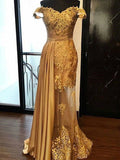 Sheath/Column Sleeveless Off-the-Shoulder Applique Elastic Woven Satin Prom Dresses