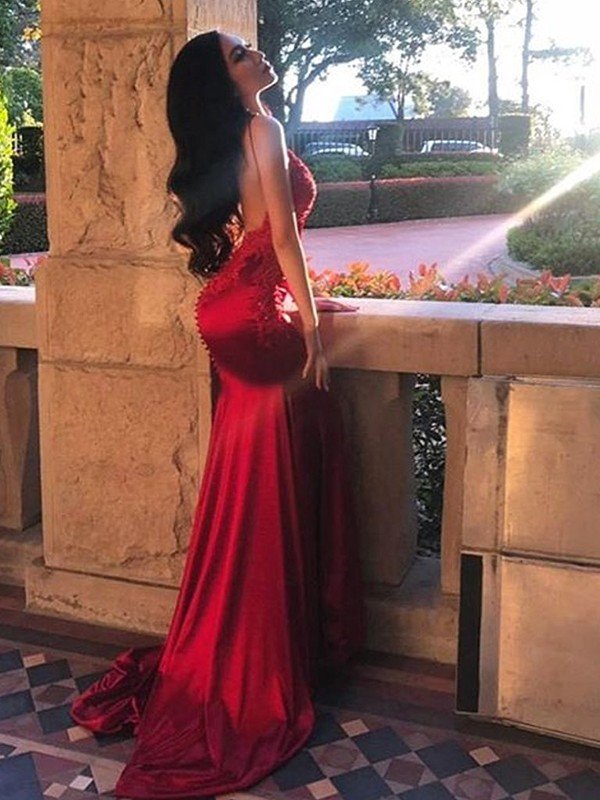 Sheath/Column Sleeveless Spaghetti Straps Applique Silk like Satin Prom Evening Dresses