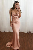 Sheath/Column Spaghetti Straps Satin Ruched Sleeveless Prom Dresses-misshow.com