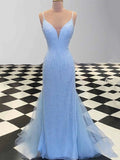 Sheath/Column Spaghetti Straps Sleeveless Tulle Sequin Prom Dresses