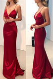 Sheath/Column Spaghetti Straps V-neck Silk like Satin Prom Dresses