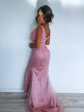 Sheath/Column Tulle Sweetheart Sleeveless Sequin Prom Dresses