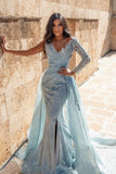 Shimmers Blue V-Neck Long-Sleeve Mermaid Floor-Length Elastic Woven Satin Prom Dresses-misshow.com