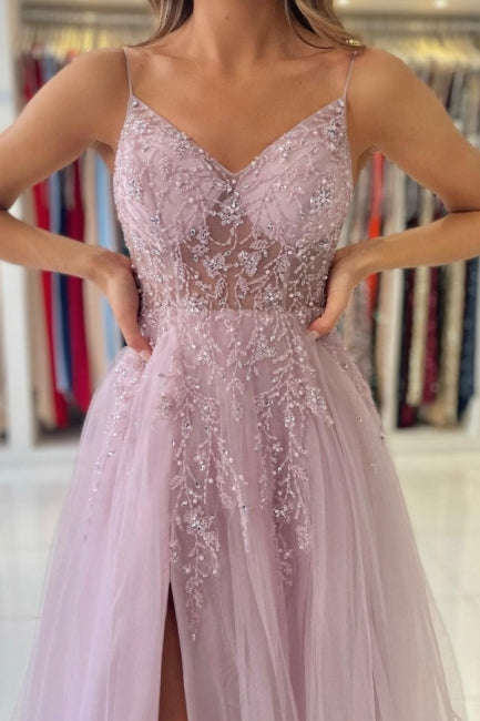 Shimmers Pink Spaghettistraps Sleeveless Column Tulle Floor-Length Prom Dresses with Beadings-misshow.com