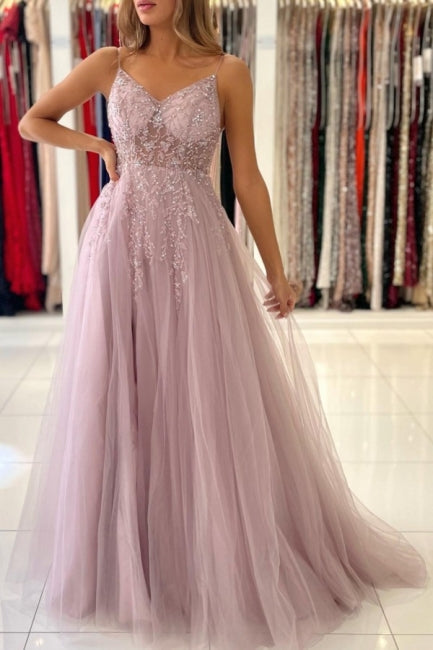 Shimmers Pink Spaghettistraps Sleeveless Column Tulle Floor-Length Prom Dresses with Beadings-misshow.com