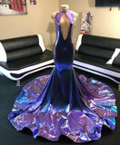 Shimmers Purple High-neck V-neck Sleeveless Column Mermaid Wedding Dresses-misshow.com