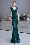 Shining Sequins Emerald Green Mermaid Evening Party Gown with  Tassels Sleeves