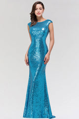 Shinny Sequined Long Mermaid Blue Affordable Bridesmaid Dresses