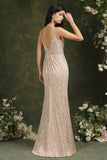 Shiny Sequins Spaghetti Straps V-neck Floor-length Mermaid Bridesmaid/Prom Dress-misshow.com