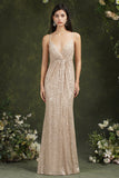 Shiny Sequins Spaghetti Straps V-neck Floor-length Mermaid Bridesmaid/Prom Dress-misshow.com