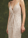 Shiny Sequins Spaghetti Straps V-neck Floor-length Mermaid Bridesmaid/Prom Dress-misshow.com