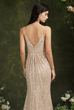 Shiny Sequins Spaghetti Straps V-neck Floor-length Mermaid Bridesmaid/Prom Dress-misshow.com