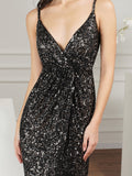 Shiny Sequins Spaghetti Straps V-neck Floor-length Mermaid Bridesmaid/Prom Dress-misshow.com