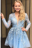 Short A-Line Lace Applique V-neck Long Sleeves Prom Dresses-misshow.com