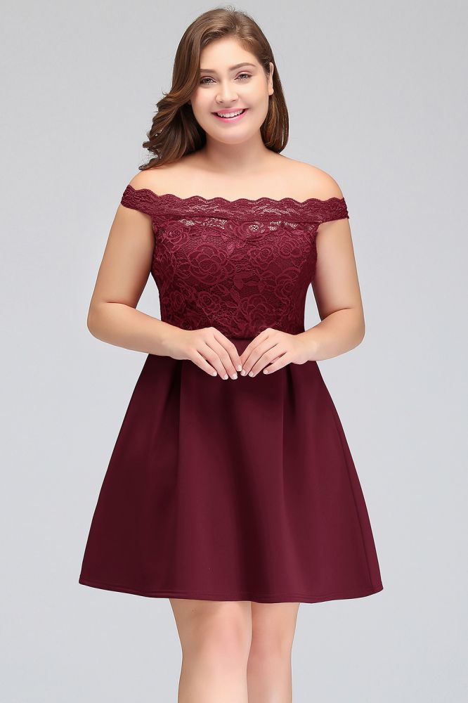 Looking for plussizedress in Lace, A-line style, and Gorgeous Lace work  MISSHOW has all covered on this elegant Short A-Line Off-Shoulder  Lace Burgundy Chiffon Plus size Cocktail Dresses.