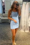 Short Column Blue Lace Spaghetti Straps Sleeveless Prom Dresses-misshow.com