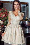 Short Gold V-Neck Long Sleeves Homecoming Dress With Lace Appliques-misshow.com