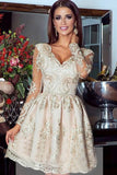 Short Gold V-Neck Long Sleeves Homecoming Dress With Lace Appliques