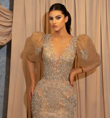 Short Puffy Sleeves V-neck Appliques Lace Floor-length Mermaid Prom Evening Dresses-misshow.com