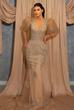 Short Puffy Sleeves V-neck Appliques Lace Floor-length Mermaid Prom Dress