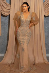 Short Puffy Sleeves V-neck Appliques Lace Floor-length Mermaid Prom Evening Dresses-misshow.com