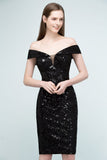 MISSHOW offers Short Sequined Sheath Off-shoulder Black Prom Dresses at a cheap price from Black, Sequined to Column Mini hem. Stunning yet affordable Sleeveless Prom Dresses,Homecoming Dresses.