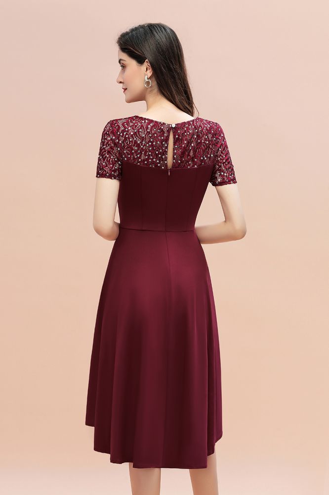 Looking for Prom Dresses,Evening Dresses,Homecoming Dresses,Mother Daughter Dresses in 100D Chiffon,Sequined,Lace, A-line style, and Gorgeous Lace work  MISSHOW has all covered on this elegant Short Sleeve Sequin Hi-Lo Cocktail Party Dress Burgundy Aline Daily Casual Dress.