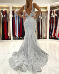 Silver Lace Long Sleeveless Mermaid Evening Dress-misshow.com