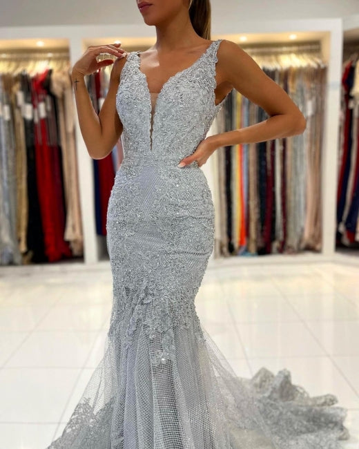 Silver Lace Long Sleeveless Mermaid Evening Dress-misshow.com