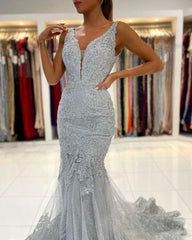 Silver Lace Long Sleeveless Mermaid Evening Dress-misshow.com