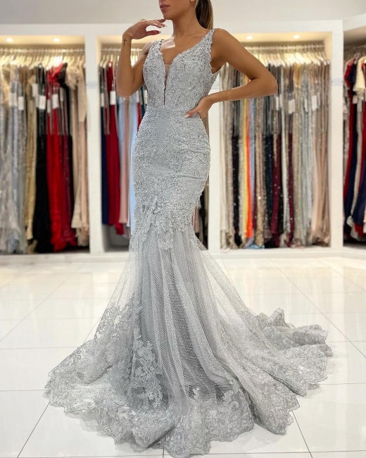 Silver Lace Long Sleeveless Mermaid Evening Dress-misshow.com