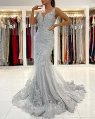 Silver Lace Long Sleeveless Mermaid Evening Dress-misshow.com