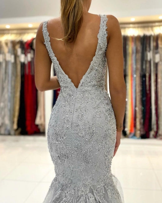 Silver Lace Long Sleeveless Mermaid Evening Dress-misshow.com