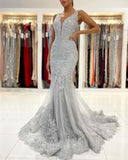 Silver Lace Long Sleeveless Mermaid Evening Dress-misshow.com