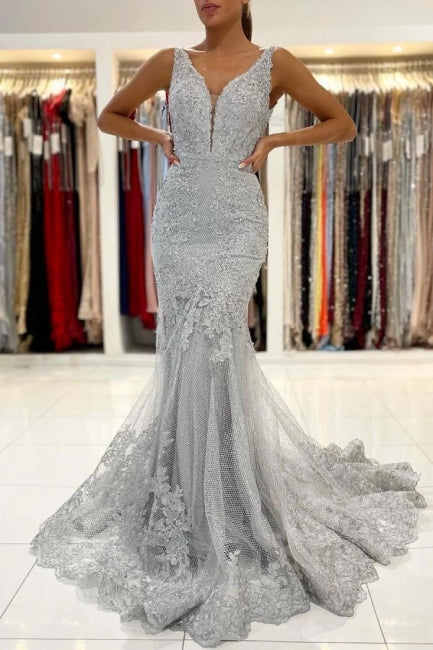 Silver Lace Long Sleeveless Mermaid Evening Dress-misshow.com