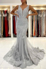 Silver Lace Long Sleeveless Mermaid Evening Dress-misshow.com