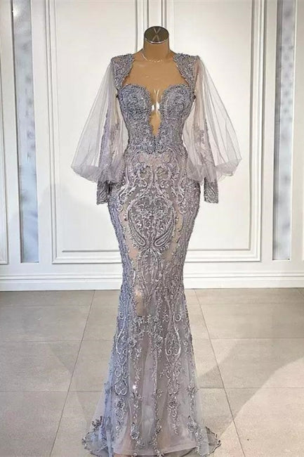 Silver Long Glitter Lace Mermaid Evening Dresses With Long Sleeves ...