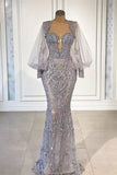 Silver Long Glitter Lace Mermaid Evening Dresses With Long Sleeves