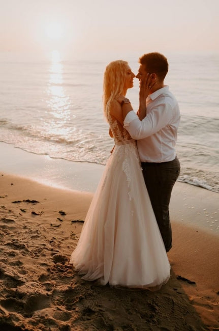 Simple A-line Backless Wedding Dresses with Lace-misshow.com