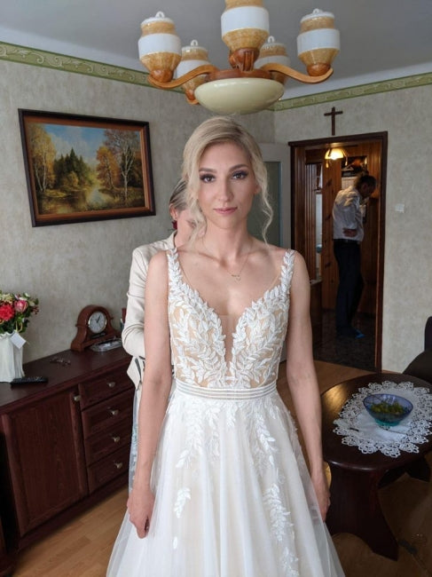 Simple A-line Backless Wedding Dresses with Lace-misshow.com