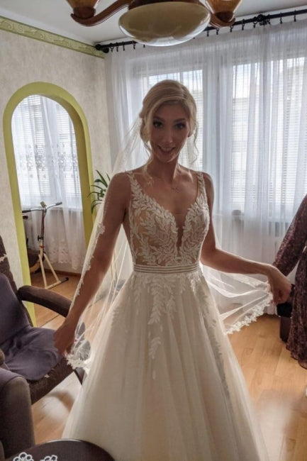 Simple A-line Backless Wedding Dresses with Lace-misshow.com