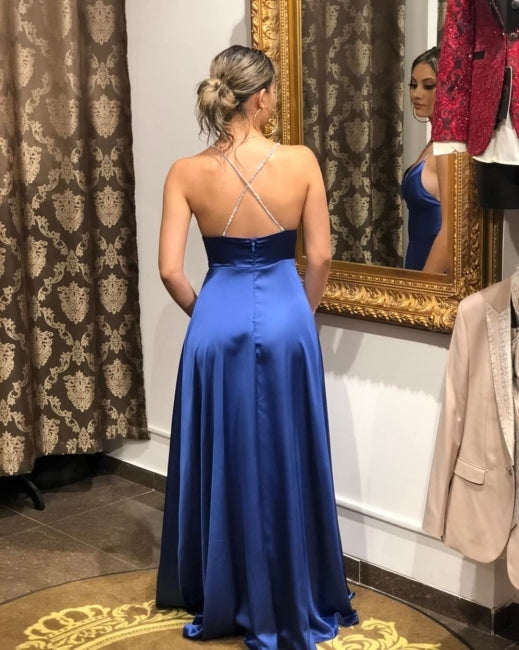 Simple A-line Long Blue Split Front Straps Evening Dress-misshow.com