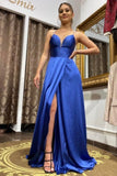 Simple A-line Long Blue Split Front Straps Evening Dress
