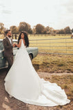 Simple A-line Satin Sleeveless Wedding Dress With Side Slit-misshow.com
