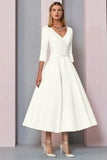 Simple A-line Short V-Neck Long Sleeves Satin Wedding Dresses-misshow.com