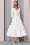 Simple A-line Short V-Neck Long Sleeves Satin Wedding Dresses-misshow.com